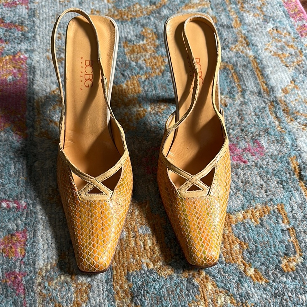 BCBG Yellow Snakeskin Slingback Heels
